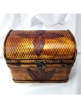 Thomas Pacconi Vintage Wood Treasure Chest Domed Leaf Design Top 10"x7"x7.5"